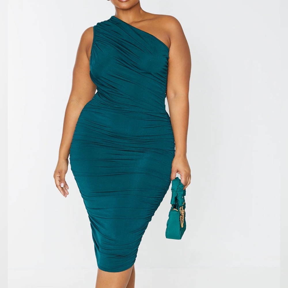 PrettyLittleThing Teal One-Shoulder Dress